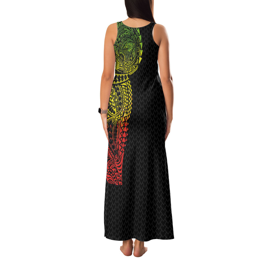 Hawaiian Traditional Tattoos Family Matching Tank Maxi Dress and Hawaiian Shirt Kakau Tribal Tropical Plant Motif Kanaka Maoli Flag Color Inspired