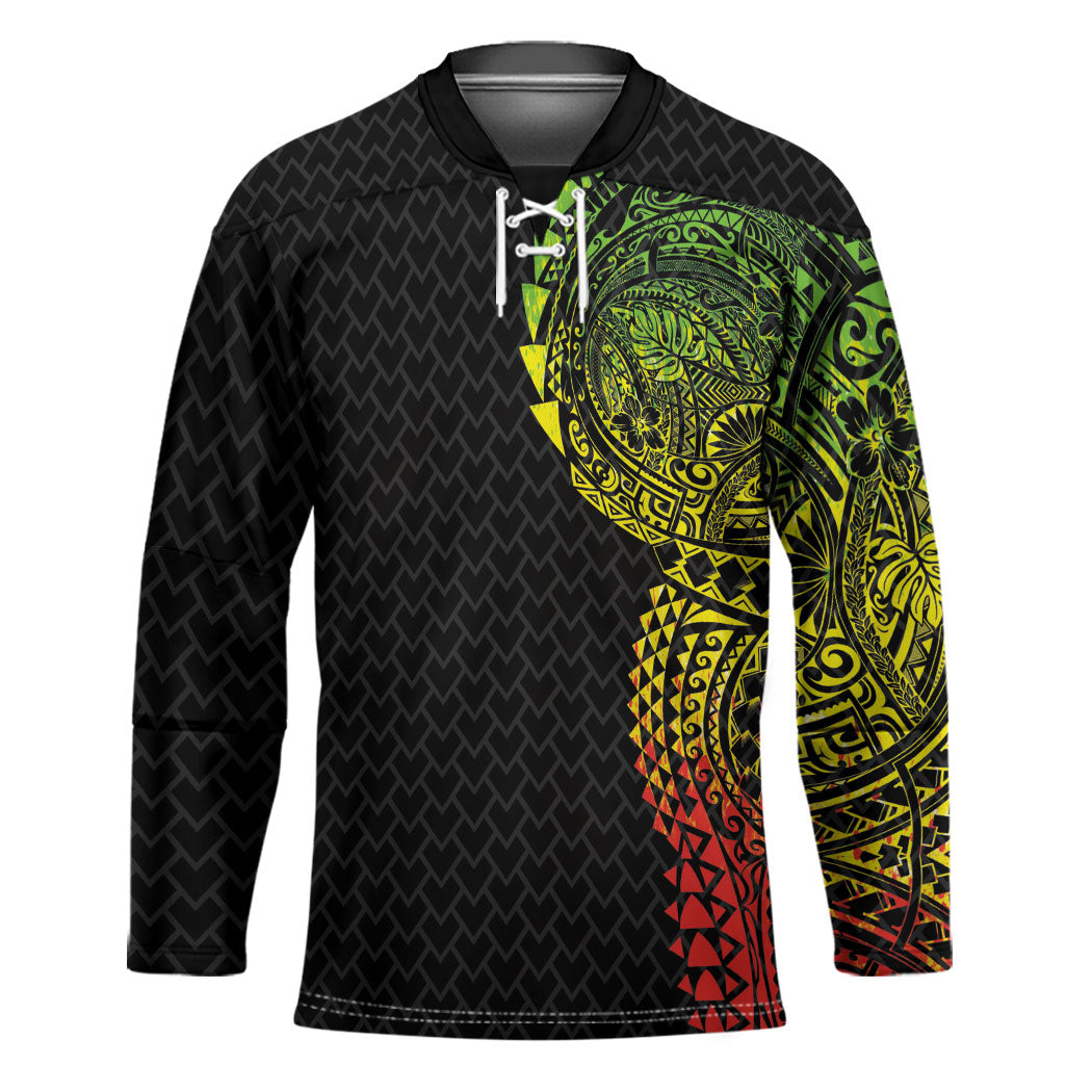 Hawaiian Traditional Tattoos Hockey Jersey Kakau Tribal Tropical Plant Motif Kanaka Maoli Flag Color Inspired