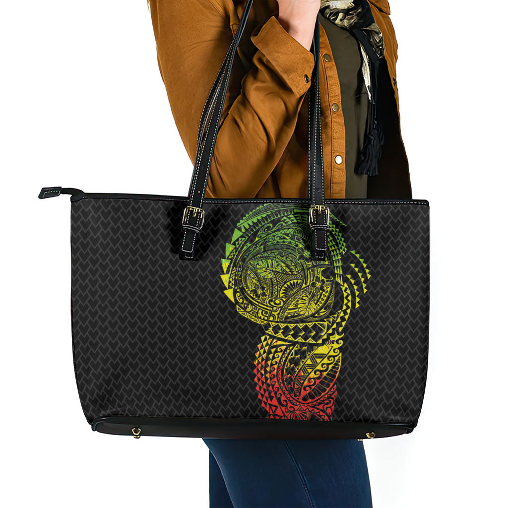 Hawaiian Traditional Tattoos Leather Tote Bag Kakau Tribal Tropical Plant Motif Kanaka Maoli Flag Color Inspired