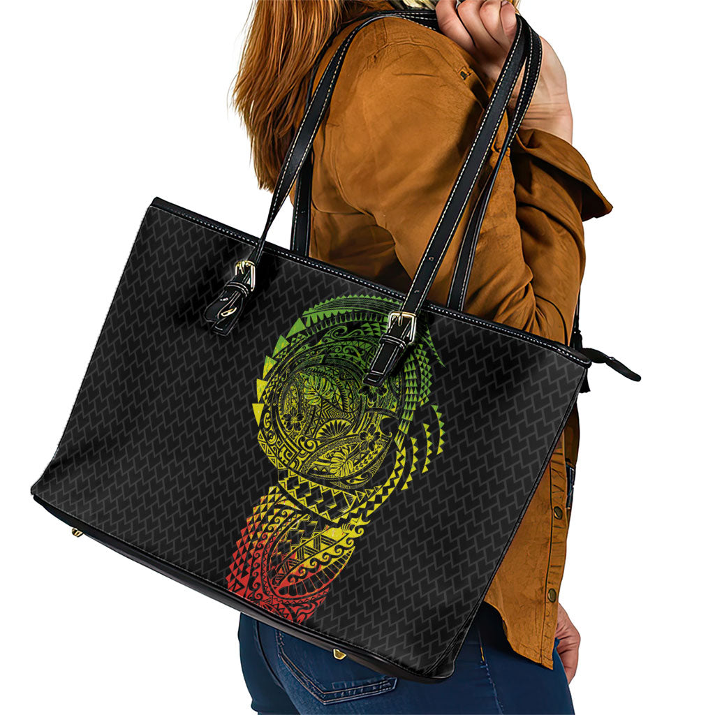 Hawaiian Traditional Tattoos Leather Tote Bag Kakau Tribal Tropical Plant Motif Kanaka Maoli Flag Color Inspired