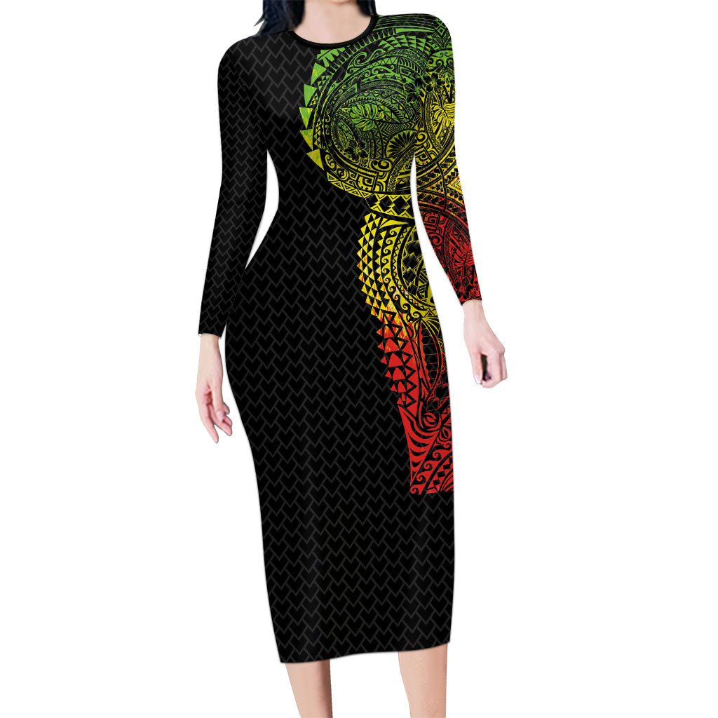 Hawaiian Traditional Tattoos Long Sleeve Bodycon Dress Kakau Tribal Tropical Plant Motif Kanaka Maoli Flag Color Inspired