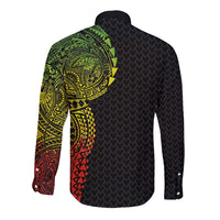 Hawaiian Traditional Tattoos Long Sleeve Button Shirt Kakau Tribal Tropical Plant Motif Kanaka Maoli Flag Color Inspired