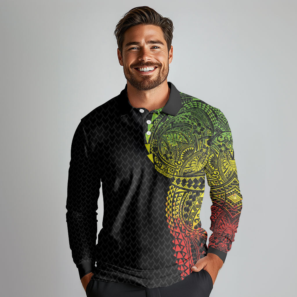 Hawaiian Traditional Tattoos Long Sleeve Polo Shirt Kakau Tribal Tropical Plant Motif Kanaka Maoli Flag Color Inspired