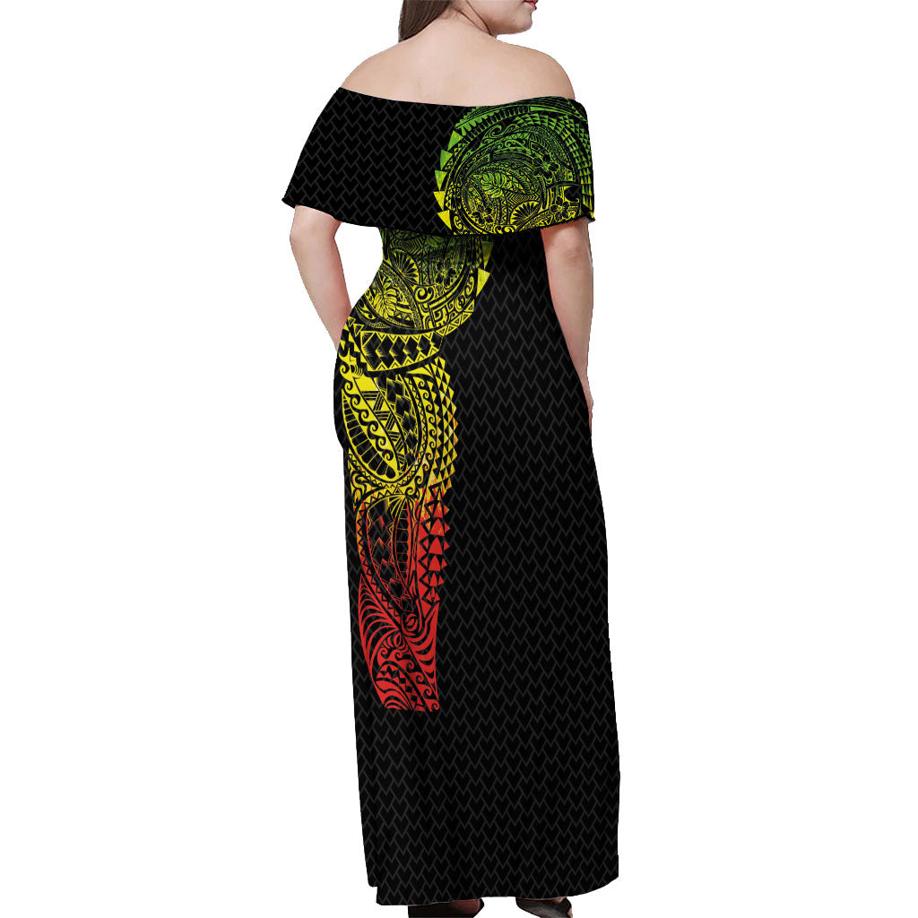 Hawaiian Traditional Tattoos Off Shoulder Maxi Dress Kakau Tribal Tropical Plant Motif Kanaka Maoli Flag Color Inspired