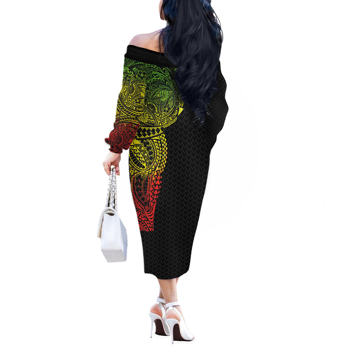 Hawaiian Traditional Tattoos Off The Shoulder Long Sleeve Dress Kakau Tribal Tropical Plant Motif Kanaka Maoli Flag Color Inspired