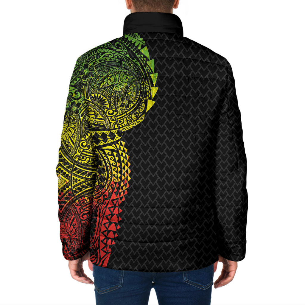 Hawaiian Traditional Tattoos Padded Jacket Kakau Tribal Tropical Plant Motif Kanaka Maoli Flag Color Inspired