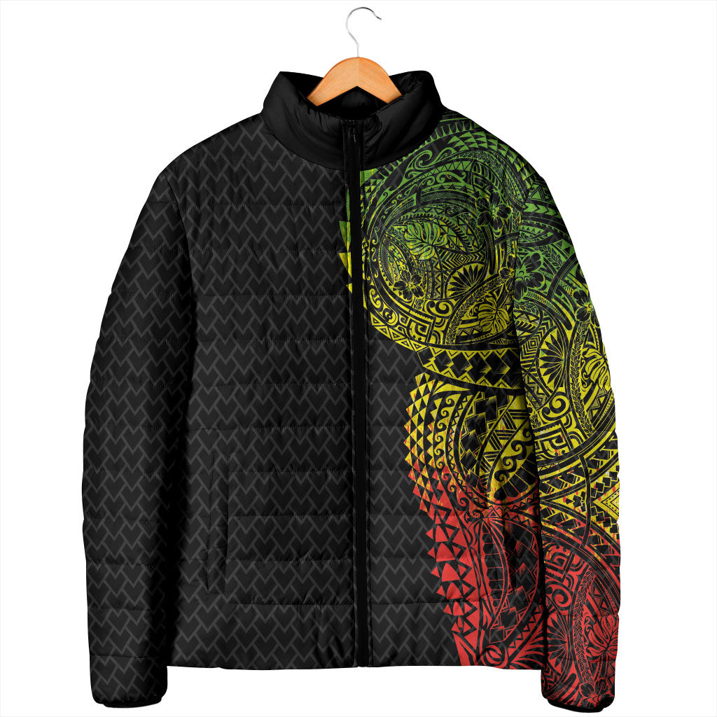 Hawaiian Traditional Tattoos Padded Jacket Kakau Tribal Tropical Plant Motif Kanaka Maoli Flag Color Inspired