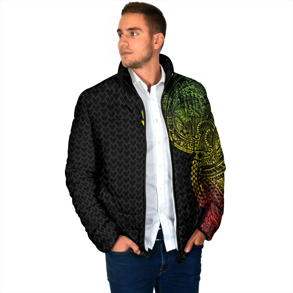 Hawaiian Traditional Tattoos Padded Jacket Kakau Tribal Tropical Plant Motif Kanaka Maoli Flag Color Inspired
