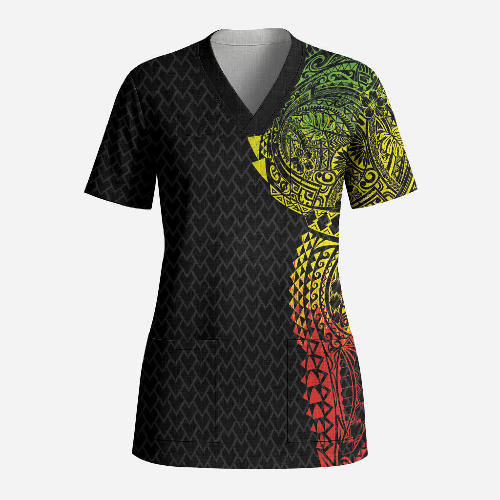Hawaiian Traditional Tattoos Scrub Top Kakau Tribal Tropical Plant Motif Kanaka Maoli Flag Color Inspired