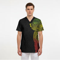Hawaiian Traditional Tattoos Scrub Top Kakau Tribal Tropical Plant Motif Kanaka Maoli Flag Color Inspired