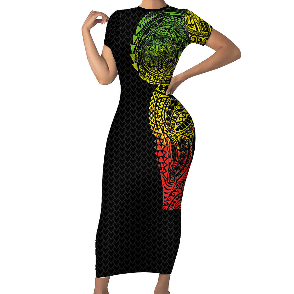 Hawaiian Traditional Tattoos Short Sleeve Bodycon Dress Kakau Tribal Tropical Plant Motif Kanaka Maoli Flag Color Inspired