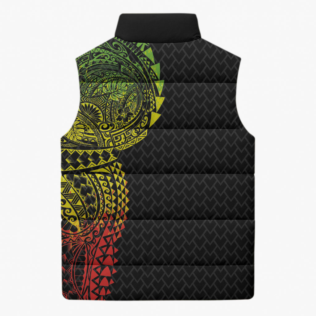 Hawaiian Traditional Tattoos Sleeveless Puffer Jacket Kakau Tribal Tropical Plant Motif Kanaka Maoli Flag Color Inspired