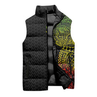 Hawaiian Traditional Tattoos Sleeveless Puffer Jacket Kakau Tribal Tropical Plant Motif Kanaka Maoli Flag Color Inspired
