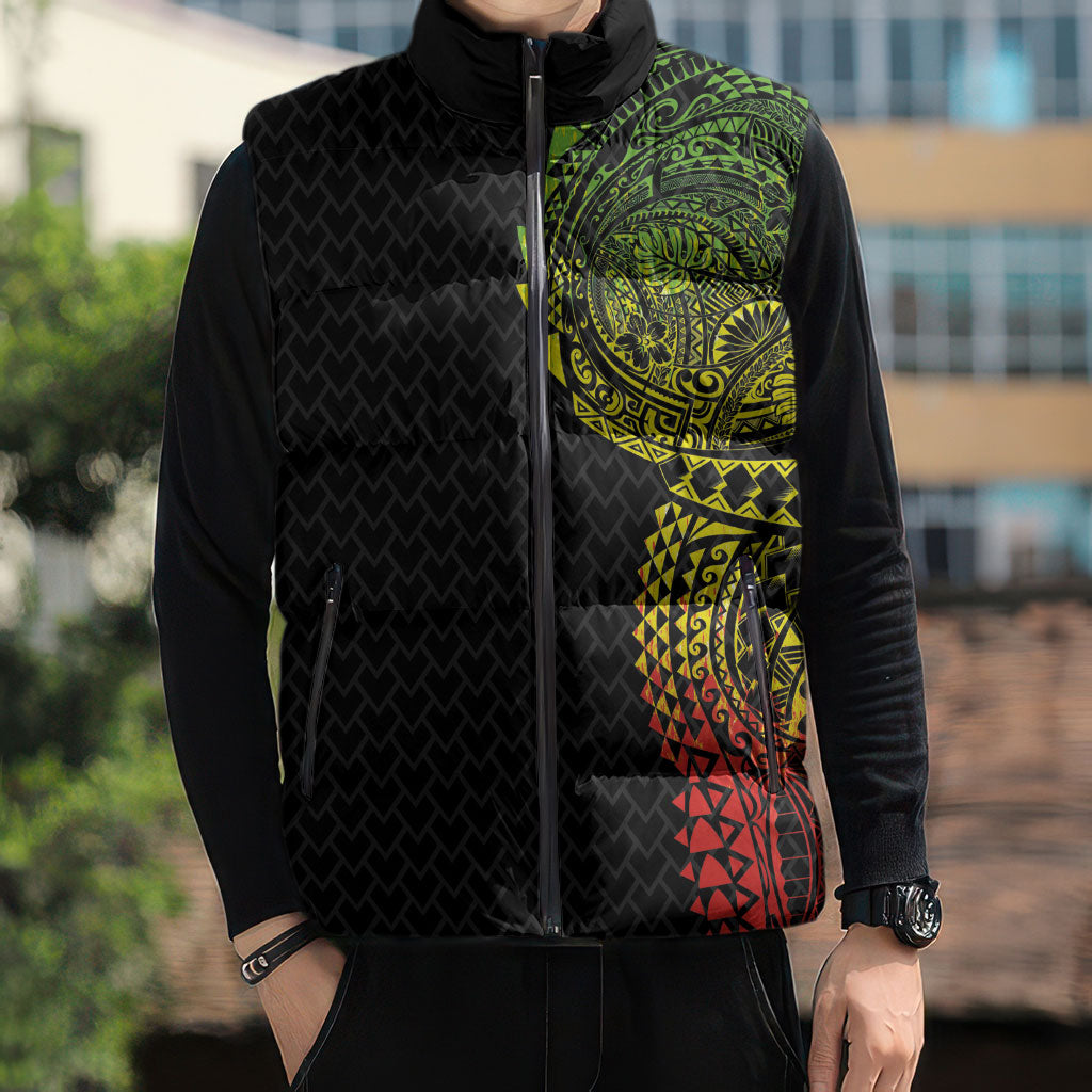 Hawaiian Traditional Tattoos Sleeveless Puffer Jacket Kakau Tribal Tropical Plant Motif Kanaka Maoli Flag Color Inspired