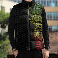 Hawaiian Traditional Tattoos Sleeveless Puffer Jacket Kakau Tribal Tropical Plant Motif Kanaka Maoli Flag Color Inspired