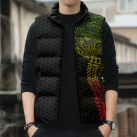 Hawaiian Traditional Tattoos Sleeveless Puffer Jacket Kakau Tribal Tropical Plant Motif Kanaka Maoli Flag Color Inspired