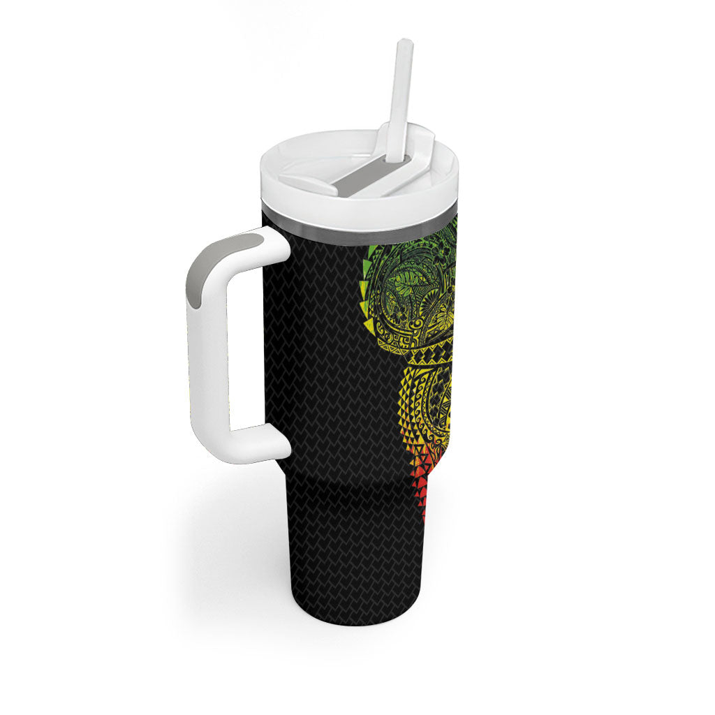 Hawaiian Traditional Tattoos Tumbler With Handle Kakau Tribal Tropical Plant Motif Kanaka Maoli Flag Color Inspired