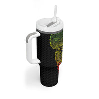 Hawaiian Traditional Tattoos Tumbler With Handle Kakau Tribal Tropical Plant Motif Kanaka Maoli Flag Color Inspired