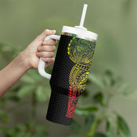 Hawaiian Traditional Tattoos Tumbler With Handle Kakau Tribal Tropical Plant Motif Kanaka Maoli Flag Color Inspired