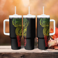 Hawaiian Traditional Tattoos Tumbler With Handle Kakau Tribal Tropical Plant Motif Kanaka Maoli Flag Color Inspired