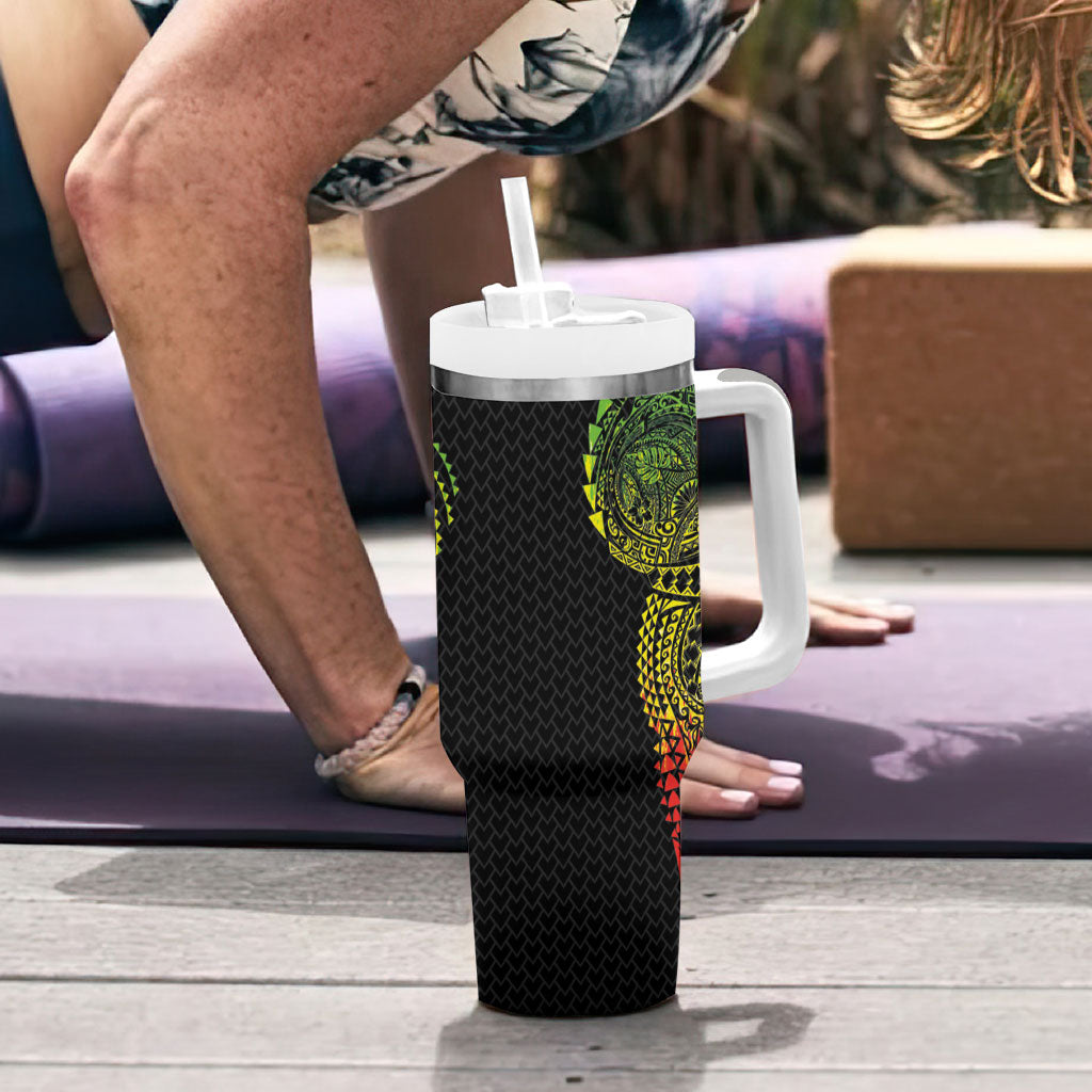 Hawaiian Traditional Tattoos Tumbler With Handle Kakau Tribal Tropical Plant Motif Kanaka Maoli Flag Color Inspired