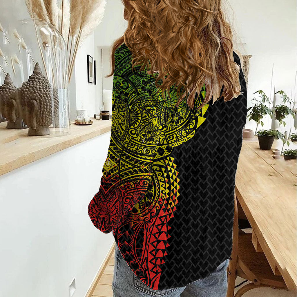 Hawaiian Traditional Tattoos Women Casual Shirt Kakau Tribal Tropical Plant Motif Kanaka Maoli Flag Color Inspired
