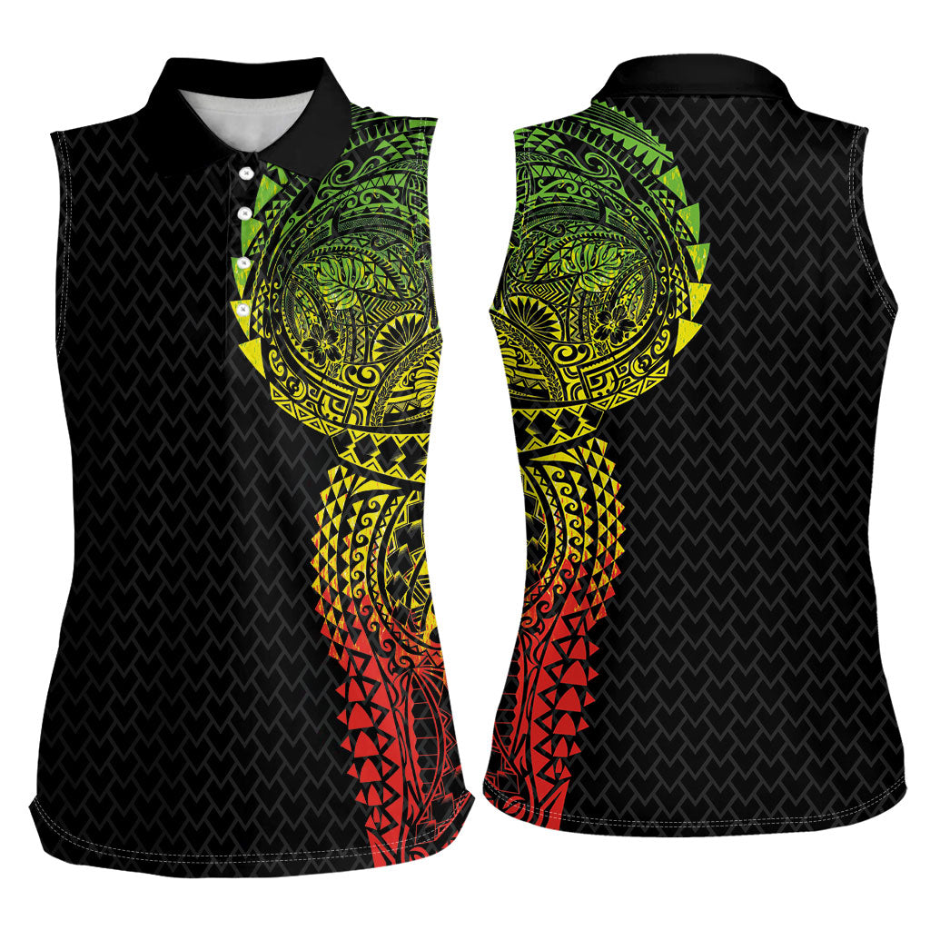 Hawaiian Traditional Tattoos Women Sleeveless Polo Shirt Kakau Tribal Tropical Plant Motif Kanaka Maoli Flag Color Inspired