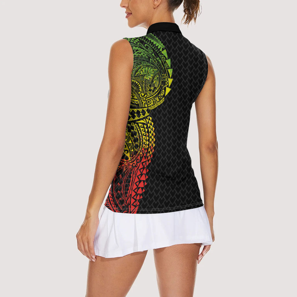 Hawaiian Traditional Tattoos Women Sleeveless Polo Shirt Kakau Tribal Tropical Plant Motif Kanaka Maoli Flag Color Inspired