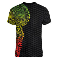 Hawaiian Traditional Tattoos Women V-Neck T-Shirt Kakau Tribal Tropical Plant Motif Kanaka Maoli Flag Color Inspired