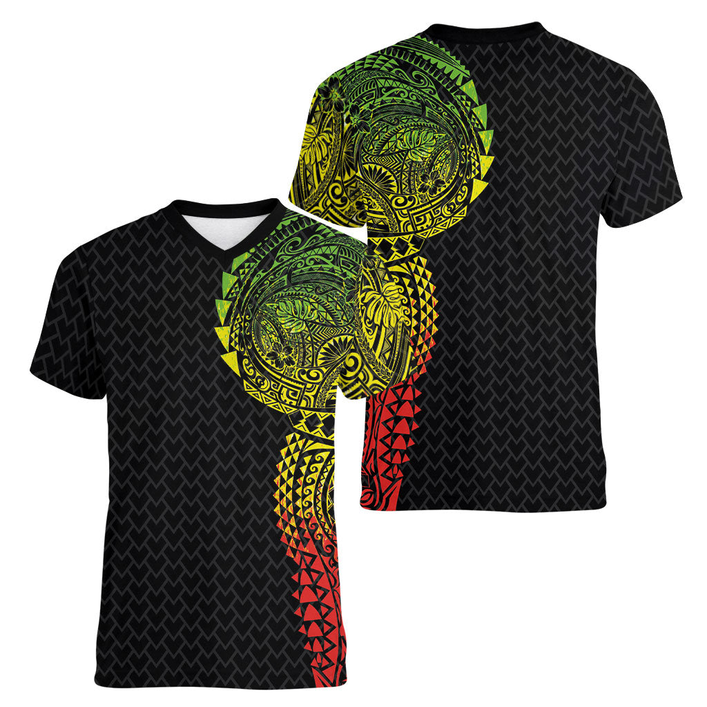 Hawaiian Traditional Tattoos Women V-Neck T-Shirt Kakau Tribal Tropical Plant Motif Kanaka Maoli Flag Color Inspired