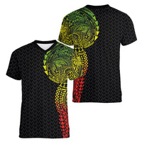 Hawaiian Traditional Tattoos Women V-Neck T-Shirt Kakau Tribal Tropical Plant Motif Kanaka Maoli Flag Color Inspired