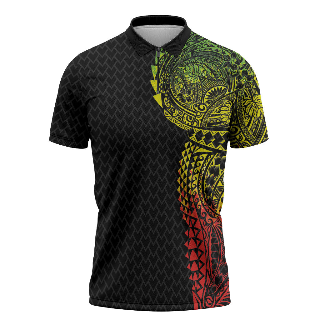 Hawaiian Traditional Tattoos Zipper Polo Shirt Kakau Tribal Tropical Plant Motif Kanaka Maoli Flag Color Inspired