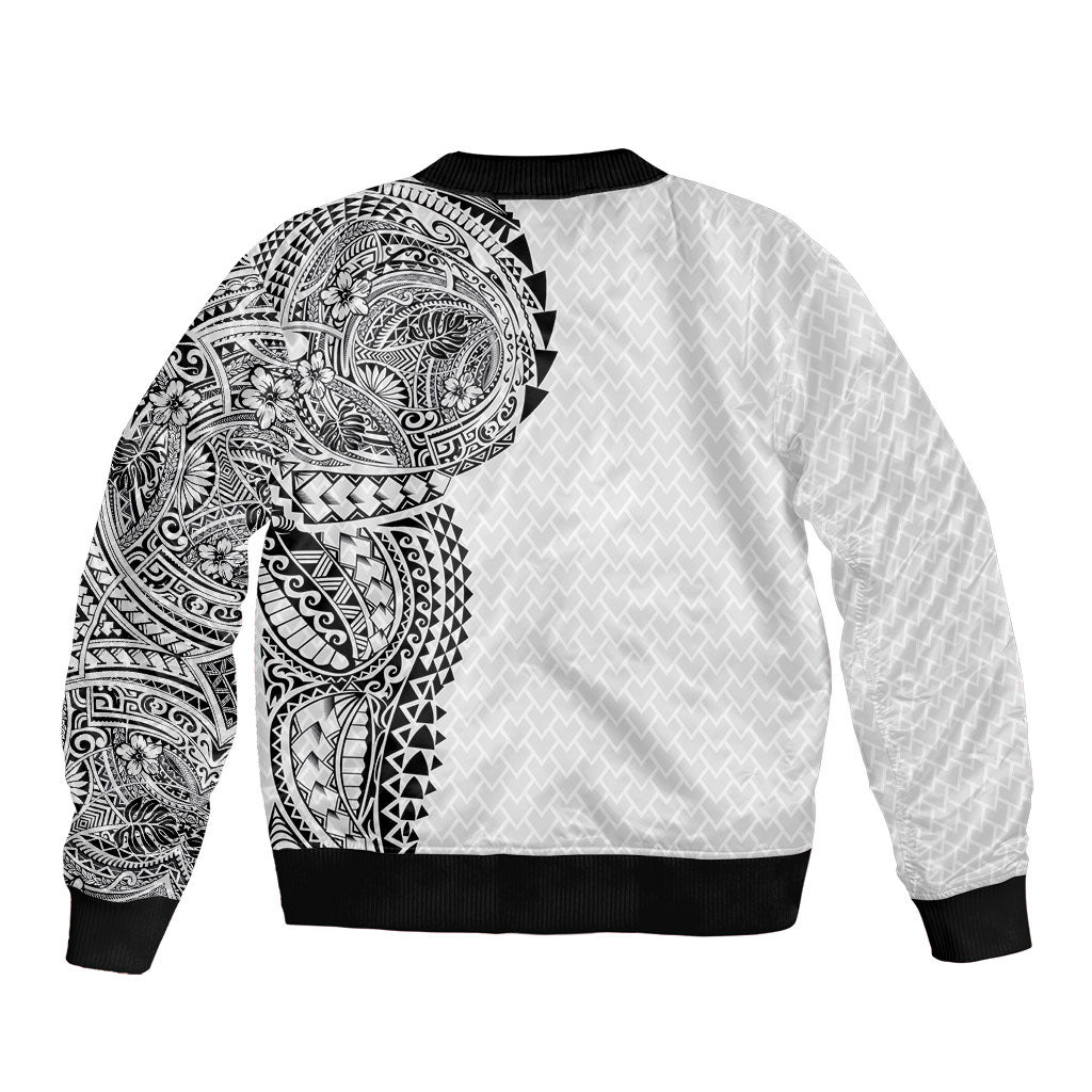 Hawaiian Traditional Tattoos Bomber Jacket Kakau Tribal Tropical Plant Motif White Color LT03 - Polynesian Pride