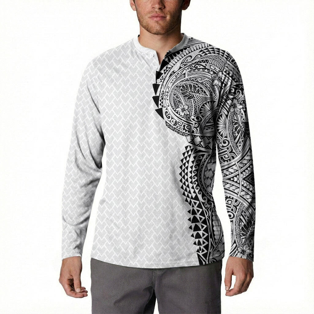 Hawaiian Traditional Tattoos Button Sweatshirt Kakau Tribal Tropical Plant Motif White Color LT03 - Polynesian Pride