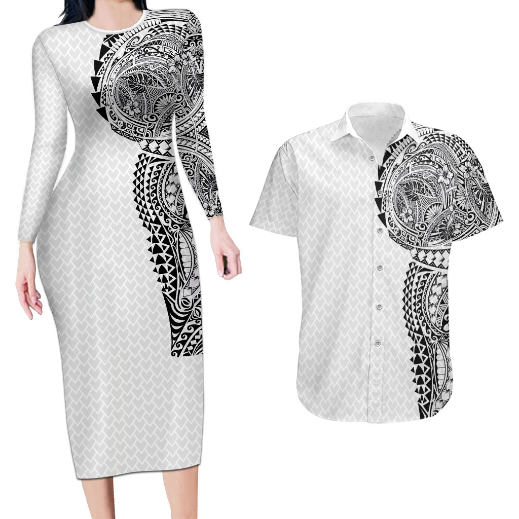 Hawaiian Traditional Tattoos Couples Matching Long Sleeve Bodycon Dress and Hawaiian Shirt Kakau Tribal Tropical Plant Motif White Color