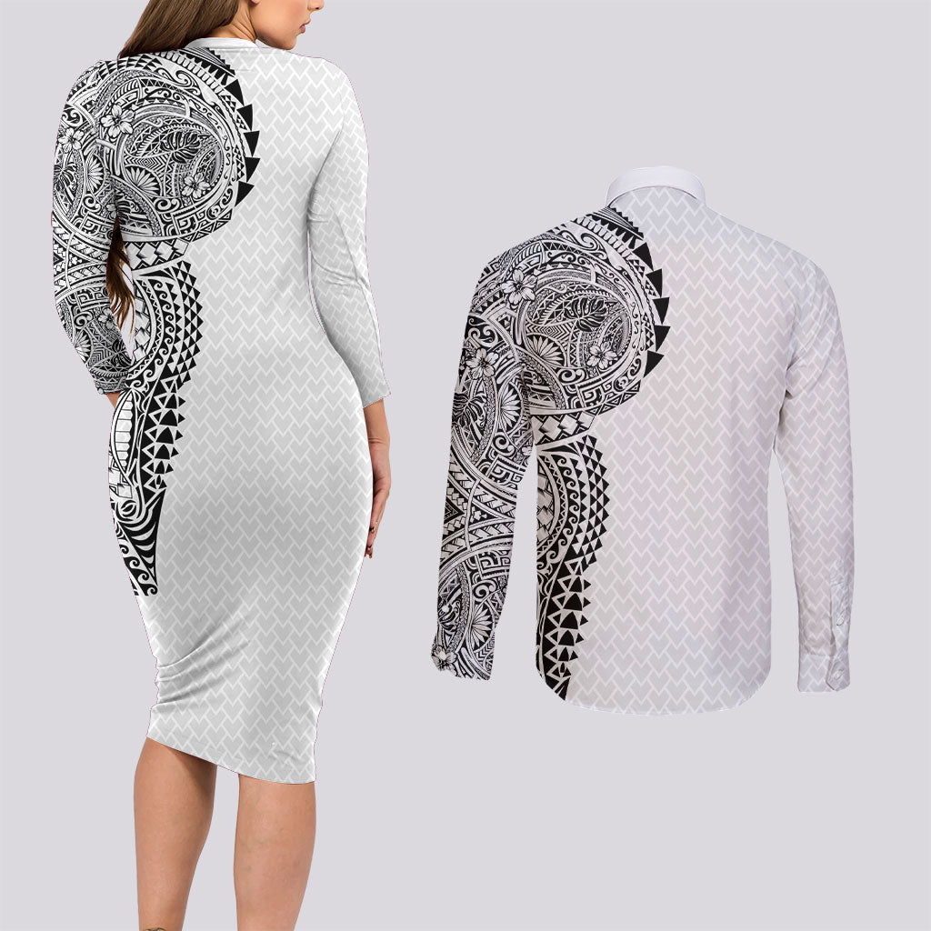 Hawaiian Traditional Tattoos Couples Matching Long Sleeve Bodycon Dress and Long Sleeve Button Shirt Kakau Tribal Tropical Plant Motif White Color