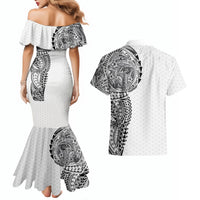 Hawaiian Traditional Tattoos Couples Matching Mermaid Dress and Hawaiian Shirt Kakau Tribal Tropical Plant Motif White Color