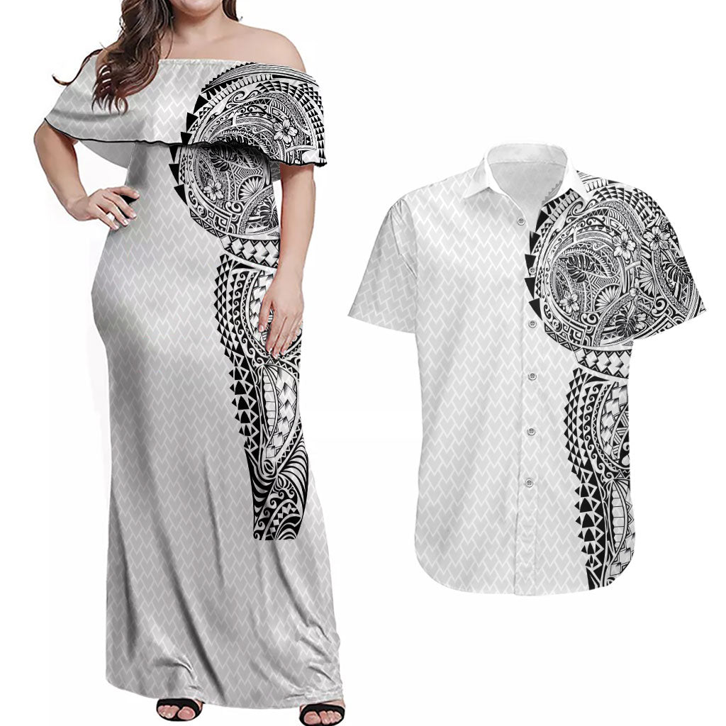 Hawaiian Traditional Tattoos Couples Matching Off Shoulder Maxi Dress and Hawaiian Shirt Kakau Tribal Tropical Plant Motif White Color