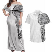 Hawaiian Traditional Tattoos Couples Matching Off Shoulder Maxi Dress and Hawaiian Shirt Kakau Tribal Tropical Plant Motif White Color