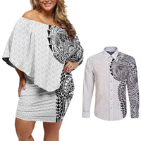 Hawaiian Traditional Tattoos Couples Matching Off Shoulder Short Dress and Long Sleeve Button Shirt Kakau Tribal Tropical Plant Motif White Color