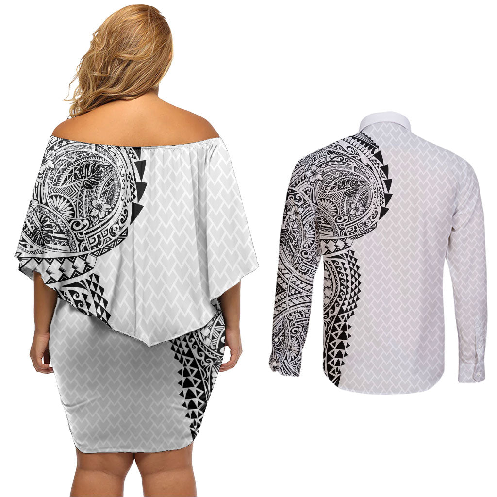 Hawaiian Traditional Tattoos Couples Matching Off Shoulder Short Dress and Long Sleeve Button Shirt Kakau Tribal Tropical Plant Motif White Color
