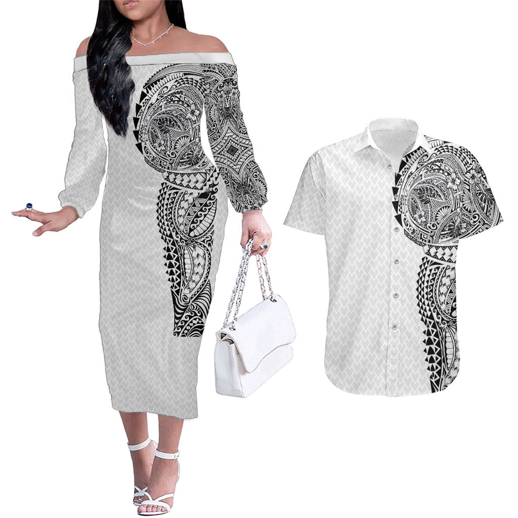 Hawaiian Traditional Tattoos Couples Matching Off The Shoulder Long Sleeve Dress and Hawaiian Shirt Kakau Tribal Tropical Plant Motif White Color