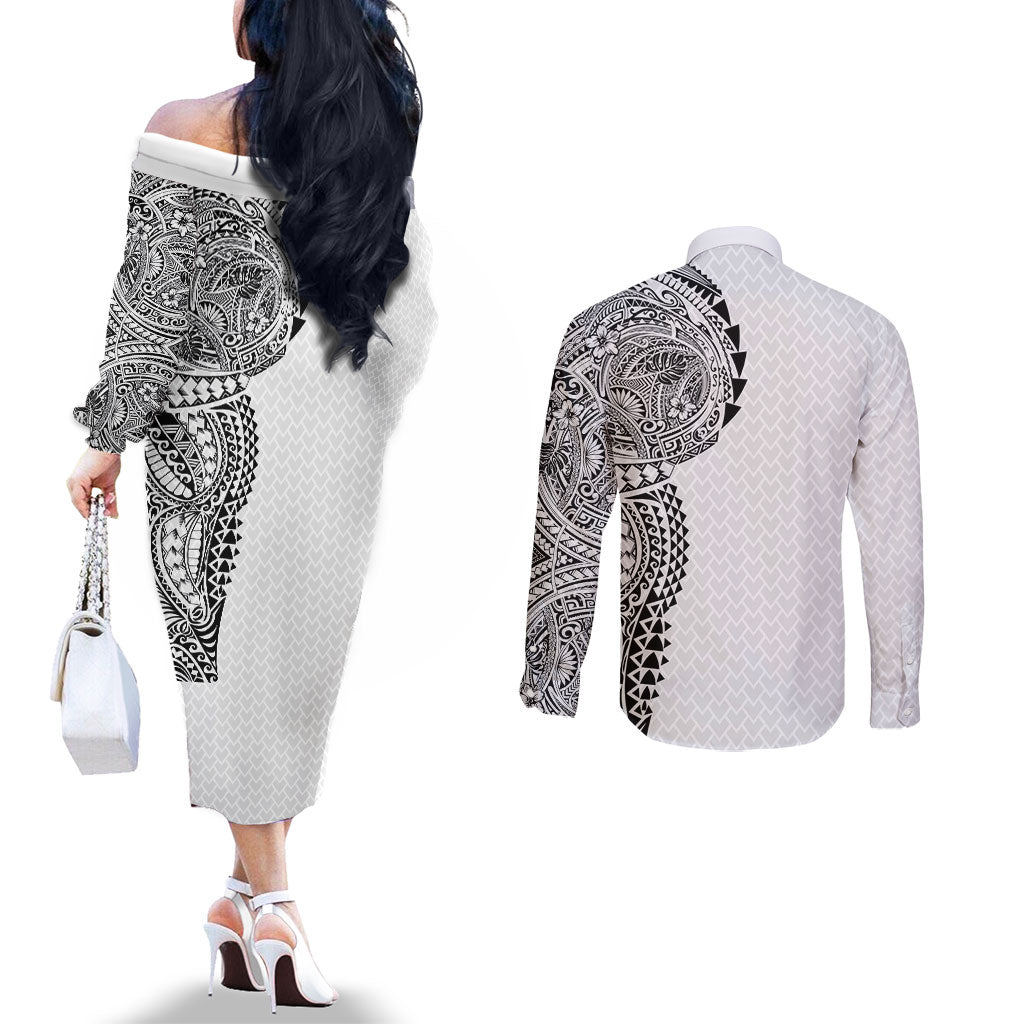 Hawaiian Traditional Tattoos Couples Matching Off The Shoulder Long Sleeve Dress and Long Sleeve Button Shirt Kakau Tribal Tropical Plant Motif White Color