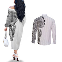 Hawaiian Traditional Tattoos Couples Matching Off The Shoulder Long Sleeve Dress and Long Sleeve Button Shirt Kakau Tribal Tropical Plant Motif White Color