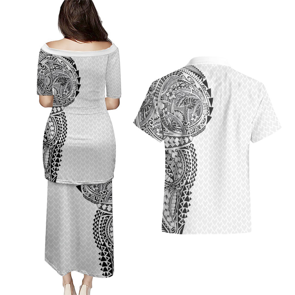 Hawaiian Traditional Tattoos Couples Matching Puletasi and Hawaiian Shirt Kakau Tribal Tropical Plant Motif White Color