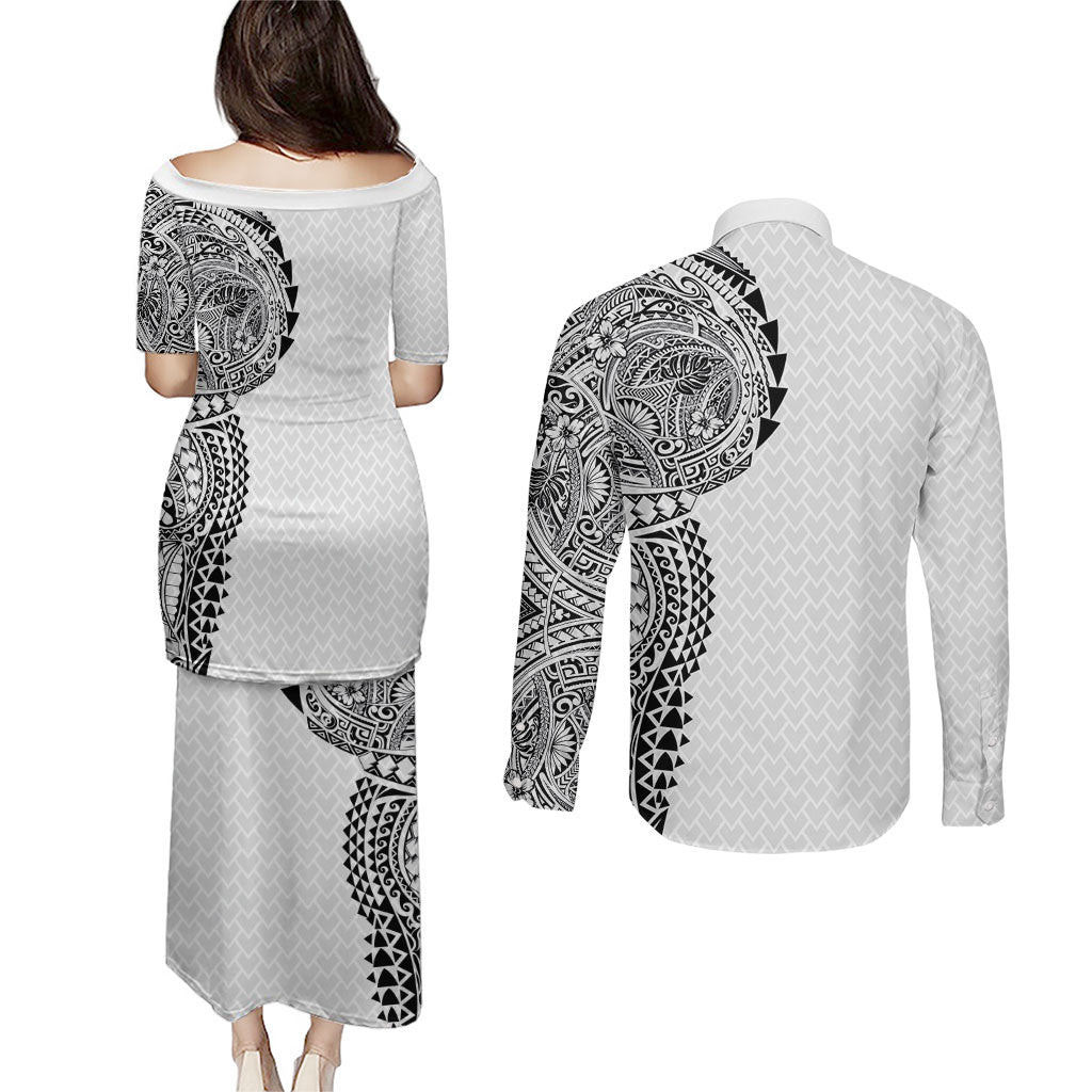 Hawaiian Traditional Tattoos Couples Matching Puletasi and Long Sleeve Button Shirt Kakau Tribal Tropical Plant Motif White Color