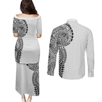 Hawaiian Traditional Tattoos Couples Matching Puletasi and Long Sleeve Button Shirt Kakau Tribal Tropical Plant Motif White Color