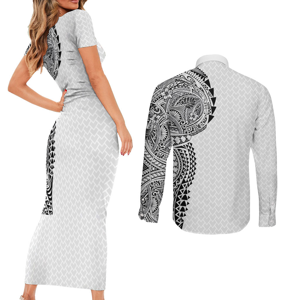 Hawaiian Traditional Tattoos Couples Matching Short Sleeve Bodycon Dress and Long Sleeve Button Shirt Kakau Tribal Tropical Plant Motif White Color
