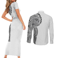 Hawaiian Traditional Tattoos Couples Matching Short Sleeve Bodycon Dress and Long Sleeve Button Shirt Kakau Tribal Tropical Plant Motif White Color