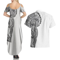 Hawaiian Traditional Tattoos Couples Matching Summer Maxi Dress and Hawaiian Shirt Kakau Tribal Tropical Plant Motif White Color